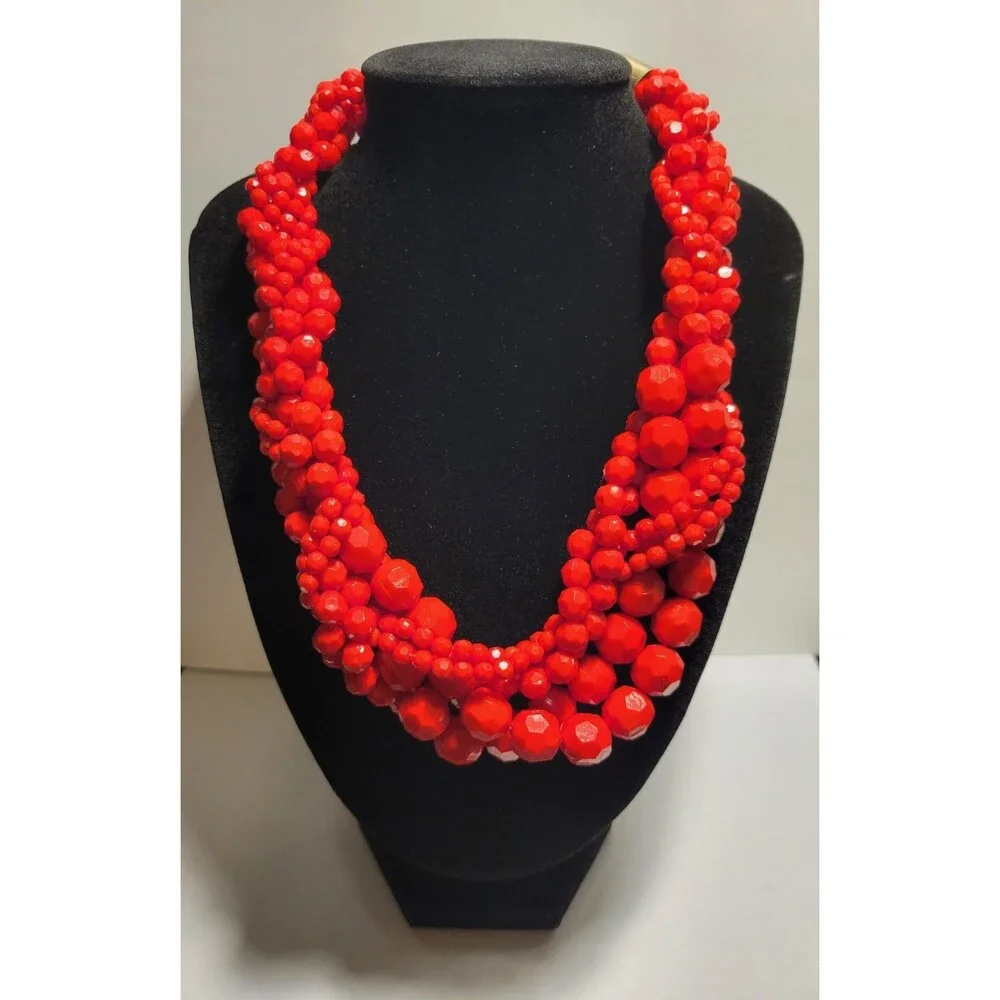 Chunky Red Statement Necklace Multi-Strand Faceted Beaded Bib Boho Festive